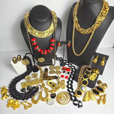 Brushed Gold Tone, Black & Red Costume Jewelry Including Les Bernard, Anne Klein 