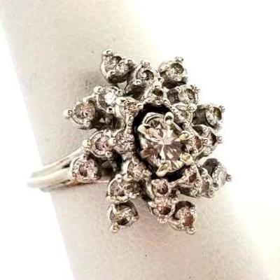 14K White Gold Diamond Cluster Ring, Snowflake Design - .80 CTW - Size 5.5