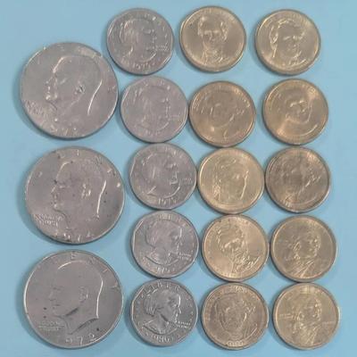 Dollar Coins – Presidential, Susan B. Anthony, Eisenhower & Sacagawea ($18 FV, Some Uncirculated)