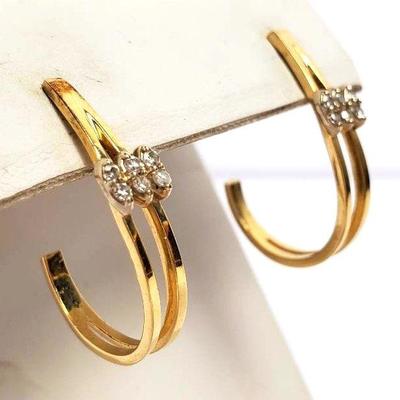 14K Gold Diamond Accented 3/4 Hoop Earrings With 14K Backs - 1" Long