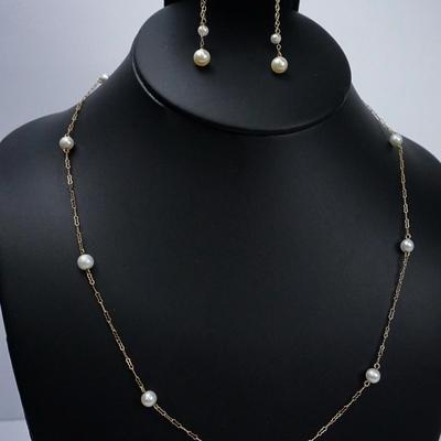 14K Gold Cultured Pearl Station Chain Link Necklace With Heart Clasp & 14K Pearl Dangle Earrings