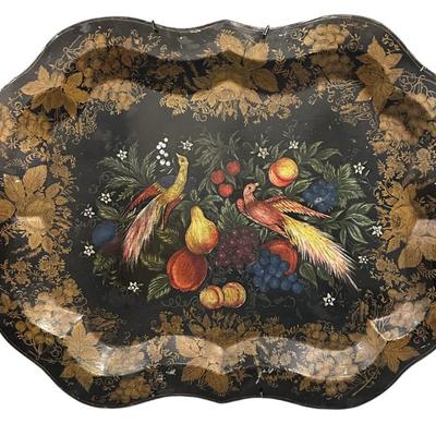 Sale Photo Thumbnail #159: LARGE ANTIQUE HAND PAINTED PHEASANTS TOLE TRAY
