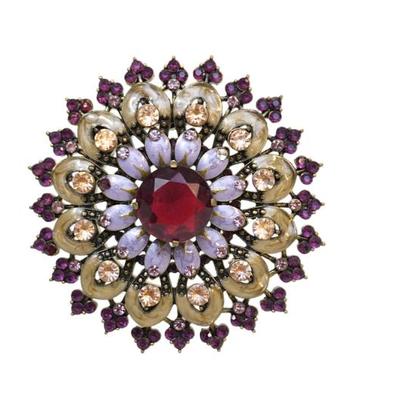 Sale Photo Thumbnail #25: Very Large Multi Colored Crystal/Glass Flower Brooch. Ruby red, lavender and pale pink. Measures 3 1/2"x3 12". 