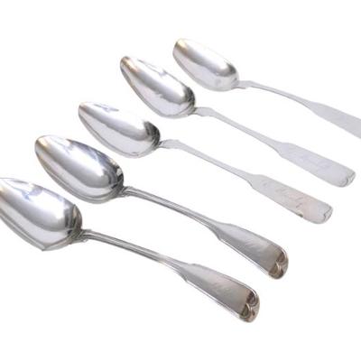 Sale Photo Thumbnail #216: 5 COIN SILVER LARGE SERVING SPOONS