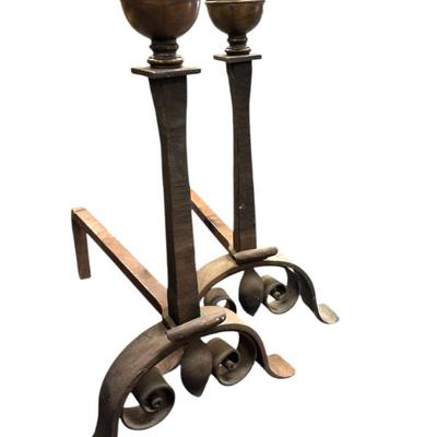 Sale Photo Thumbnail #203: ANTIQUE WROUGHT IRON & BRASS ANDIRONS