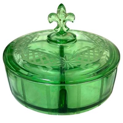 Sale Photo Thumbnail #255: FOSTORIA ROYAL GREEN URANIUM 3 PART GLASS CANDY DISH