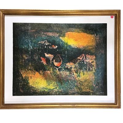Sale Photo Thumbnail #193: Rare Hoi Lebadang (1922-2015) Signed Abstract Art Epreuve d'Artiste (Artists Proof) Lithograph. Titled "Oiseau" Bird. Professionally framed and matted under glass. In frame measures 24.25"x30.25"x1". 