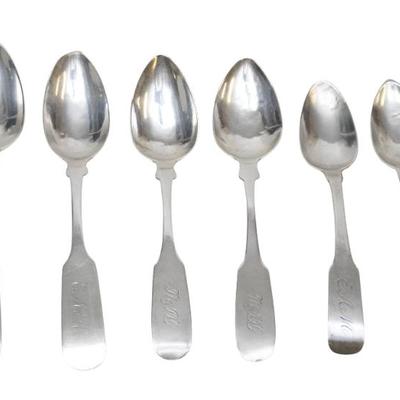 Sale Photo Thumbnail #34: Six (6) South Carolina Coin Silver Teaspoons. 2 from Gregg Hayden & Co. Charleston. 2 by W. Gregg, Charleston. 1 by Hayden & Whilden, Charleston. 1 by T.W Radcliffe, Columbia/Camden SC. Largest 6 1/2
