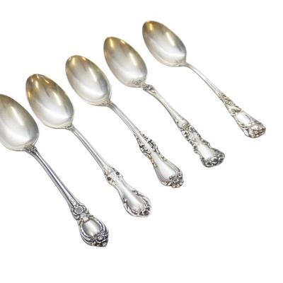 Sale Photo Thumbnail #205: 5 ANTIQUE ORNATE STERLING TEASPOONS