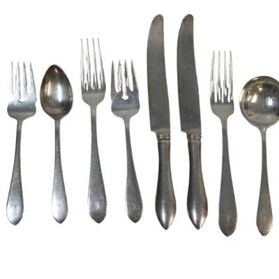 Sale Photo Thumbnail #101: 10 Piece. Two Sterling Silver 5 Piece Place Settings in the 1895 Pattern "Pointed Antique" by Dominick & Haff. 2 Dinner Forks 7 1/4. 2 Salad Forks 6 3/8". 2 Round Bowl Soup Spoons 6 1/8. 2 Teaspoons 61/8. 2 Dinner Knives 8 3/4. Approximate weight on just 