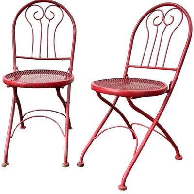 Sale Photo Thumbnail #171: PAIR OF VINTAGE WROUGHT IRON FOLDING BISTRO GARDEN CHAIRS