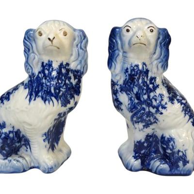 Sale Photo Thumbnail #109: 2 LARGE BLUE & WHITE STAFFORDSHIRE SPANIELS