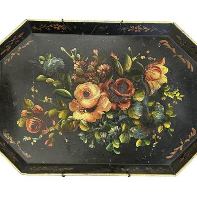 Sale Photo Thumbnail #176: LARGE HAND PAINTED FLORAL TOLE TRAY