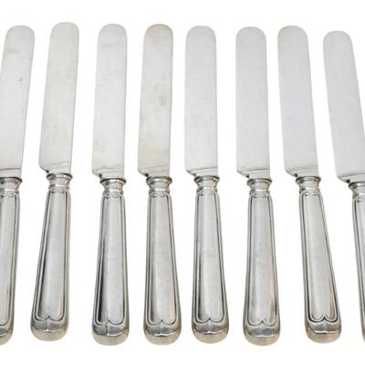 Sale Photo Thumbnail #24: Eight (8) Charleston South Carolina Coin Silver Fiddle Thread Butter Knives 3 sold by Gregg & Hayden who were located at 232 King Street, Charleston SC. Each 7 3/4". Approximate silver weight 408 grams.