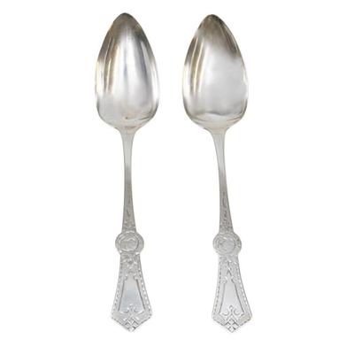 Sale Photo Thumbnail #182: 2 ORNATE J. SANDERS COIN SILVER SERVING SPOONS
