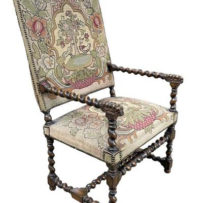 Sale Photo Thumbnail #161: ANTIQUE ENGLISH OAK BARLEY TWIST TAPESTRY CHAIR