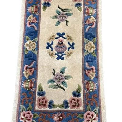 Sale Photo Thumbnail #27: Vintage Chinese Tientsin Wool Rug. Soft wool, deep pile. Measures 24"x48", not including fringe. 