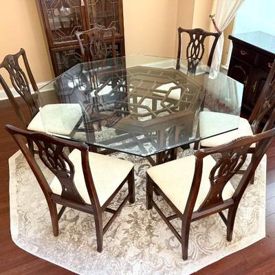 Vtg Thomasville Octagon Beveled Glass Asian Chinoisere Dining Table & 6 Chairs