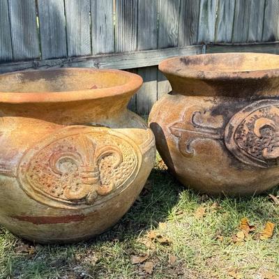 Set of 2 Large Fleur de Lis Terracotta Pots