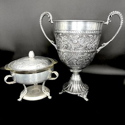 Hammered Aluminum Chafing Dish with Vtg Fire King Casserole and Wine Cooler 