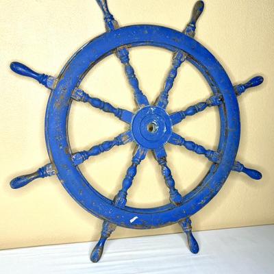 Vintage Wooden Blue Ship Wheel 