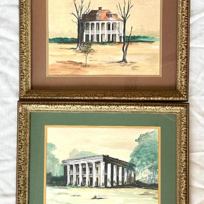 Vtg Plantation Home Watercolor Pieces in Gilded Frames - Signed by Jane Guidroz 