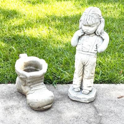 Cement Statues - Boot Planter and Little Girl With Pigtails 