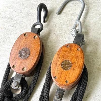 2 Large Antique Block & Tackle Pulleys with Rope 