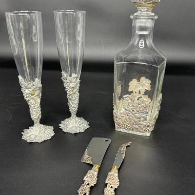 Arthur Court Crystal Lot - Flutes, Decanter, Cheese Knives 
