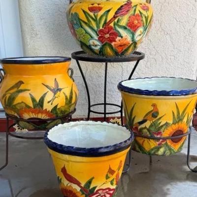 Vintage Talavera Pots With Bird Theme