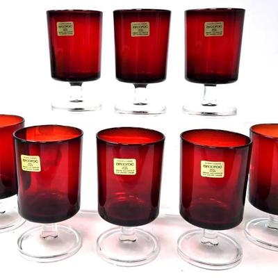 "Arcoroc" Ruby Red Footed Wine Glasses