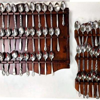 "Onieda Craft" & "Gorham" Spoons on Wooden Display 