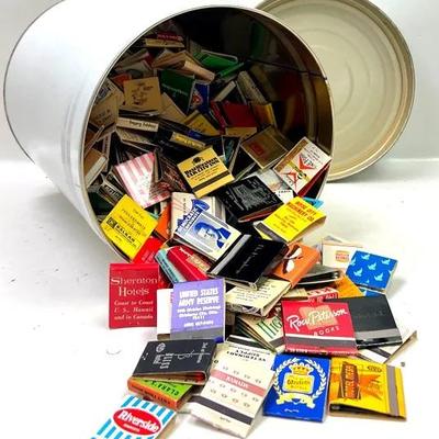 Metal Can & Large Collection of Vintage Match Books