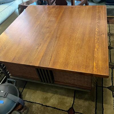 Wooden Coffee Table with Iron Base and Storage Baskets