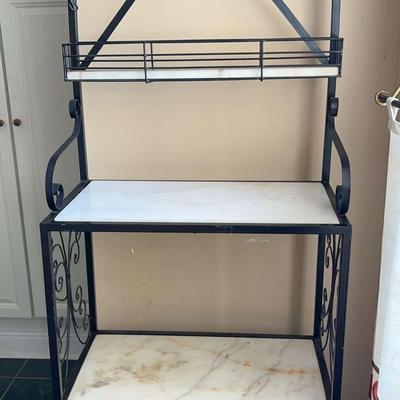 Wrought Iron & Marble Bakers Rack with Decorative Scrollwork