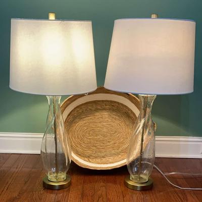 Pair of Glass Table Lamps with Shades & Bombay Woven Basket