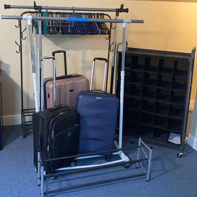 Rolling Luggage, Garment Racks with Hangers & Storage Organizer