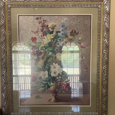 Framed Floral Still Life Print in Ornate Silver Frame
