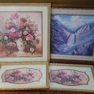 Framed Floral Prints and Waterfall Scene
