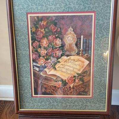 Framed Floral Print with "Amazing Grace" Sheet Music and Ornate Wooden Easel