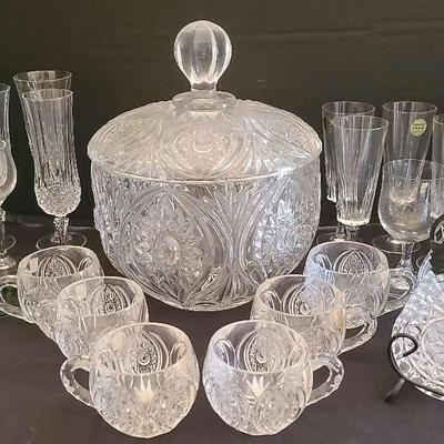 Glass and Crystal Punch Bowl Set with Glassware and Coasters