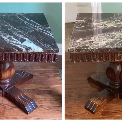 Pair of Square Marble-Top Pedestal Side Tables