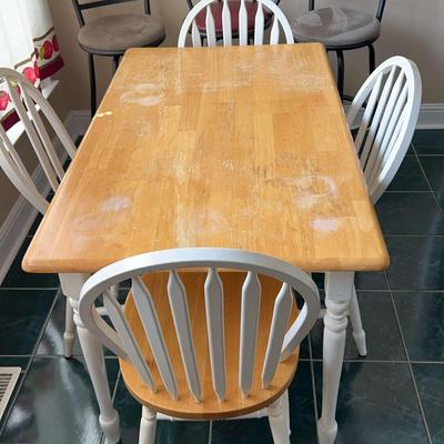 Wooden Dining Table with Chairs & Three Metal Bar Stools