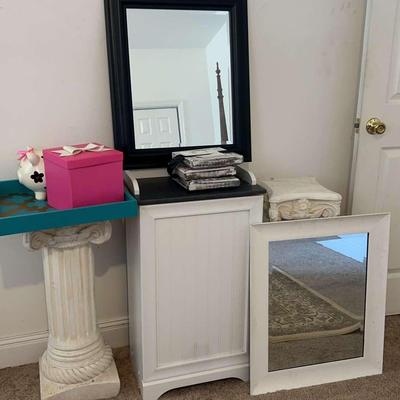 Pair of Framed Mirrors with Cabinet, Pedestal Stand & Decor