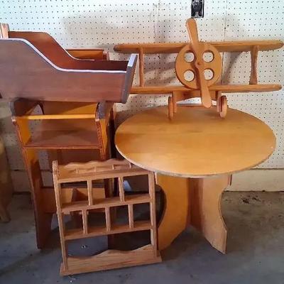 Wooden Highchair, Round Table, Wooden Airplane & Small Shelf