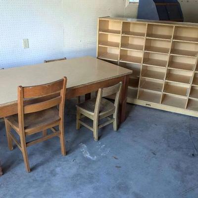Wooden Cubby Storage, Laminate Table & 4 Wooden Chairs
