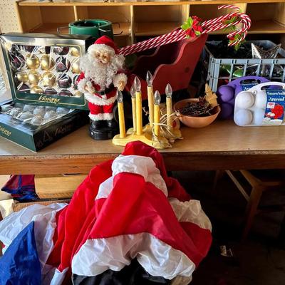 Christmas Decorations with Santa & Snowman Blow-Ups, Ornaments & Sleigh