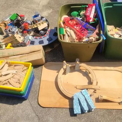 Wooden Train Track Board with Building Pieces