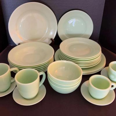 Vintage Jadeite-Style Green Glass Dinnerware Set with Cups, Saucers & Bowls