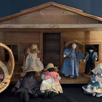 Handcrafted Nativity-Style Dollhouse with Country Cloth Dolls